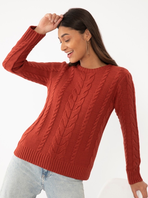 

Zink London Women Rust Self Design Pullover Sweater