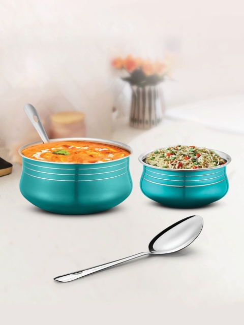 

URBANCHEF Blue Lacquered Stainless Steel 2 Pcs Handi Set with 2 Pcs Service Spoons