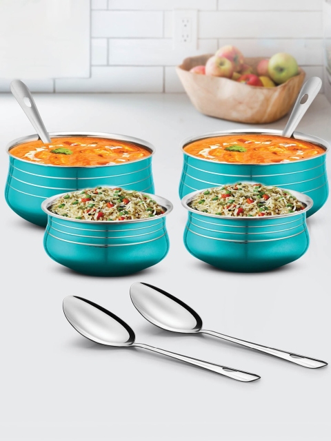 

URBANCHEF Blue Lacquered Stainless Steel 4 Pcs Handi Set with 4 Pcs Service Spoons