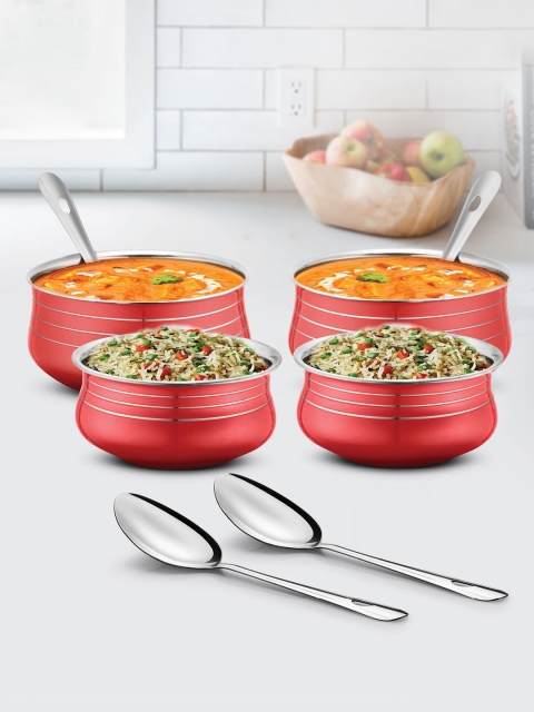 

URBAN CHEF Red Lacquered Stainless Steel 4 Pcs Handi Set with 4 Pcs Service Spoons