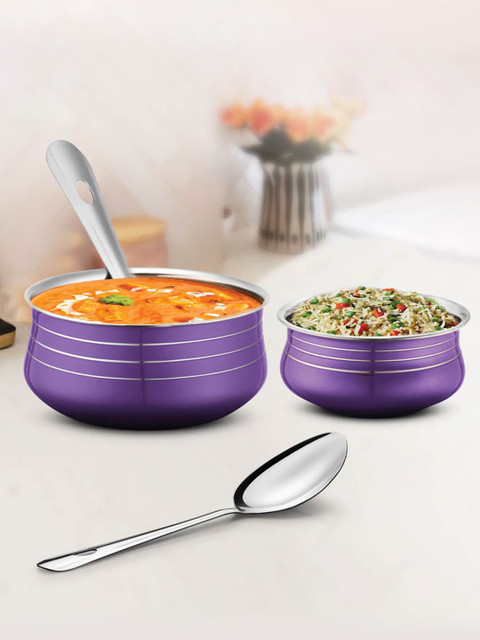 

URBANCHEF Purple Lacquered Stainless Steel 2 Pcs Handi Set with 2 Pcs Service Spoons