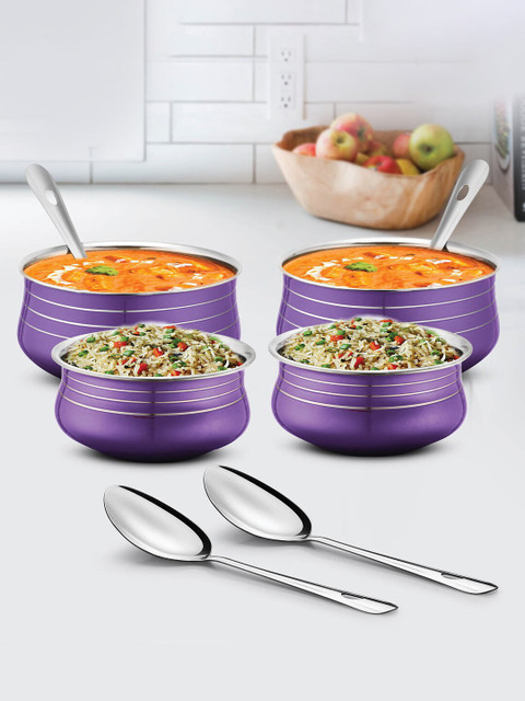 

URBANCHEF Purple Lacquered Stainless Steel 4 Pcs Handi Set with 4 Pcs Service Spoons