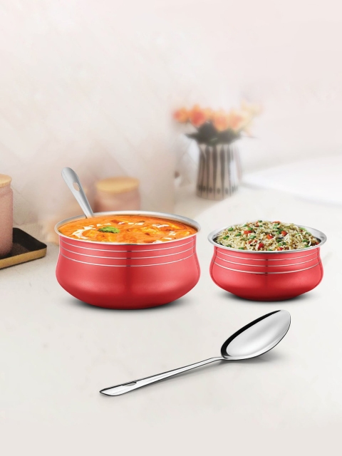 

URBANCHEF Red Lacquered Stainless Steel 2 Pcs Handi Set with 2 Pcs Service Spoons
