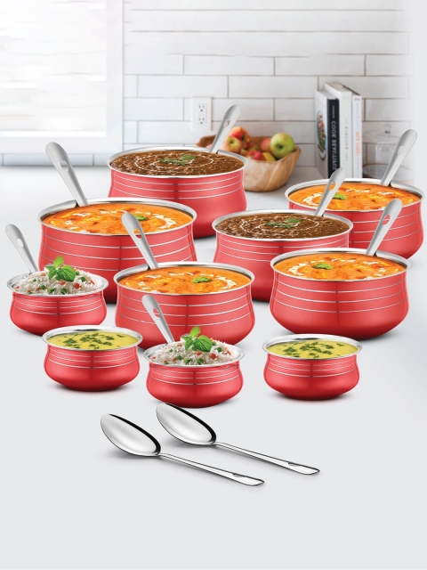 

URBANCHEF Red Lacquered Stainless Steel 10 Pcs Handi Set with 10 Pcs Service Spoons