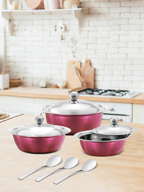 

JENSONS Pink Stainless Steel Basics 3 Pcs Handi Set with 3 Pcs Service Spoons