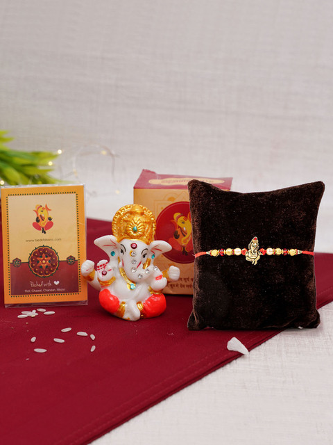 

TIED RIBBONS Multicolored Rakhi with Mini Ganesha Idol, Card & Roli Chawal Combo, Multi