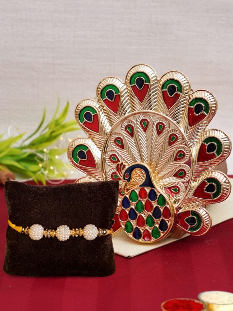 

TIED RIBBONS Multicoloured Rakhi with Peacock Pooja Thali Plate & Roli Chawal Combo Pack, Multi