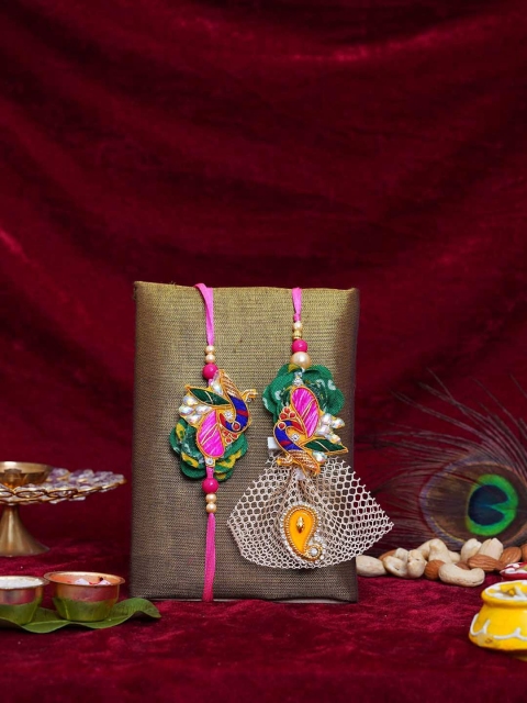 

TIED RIBBONS Multicoloured Lumba Rakhi Set for Bhaiya Bhabhi with Roli Chawal Combo, Multi