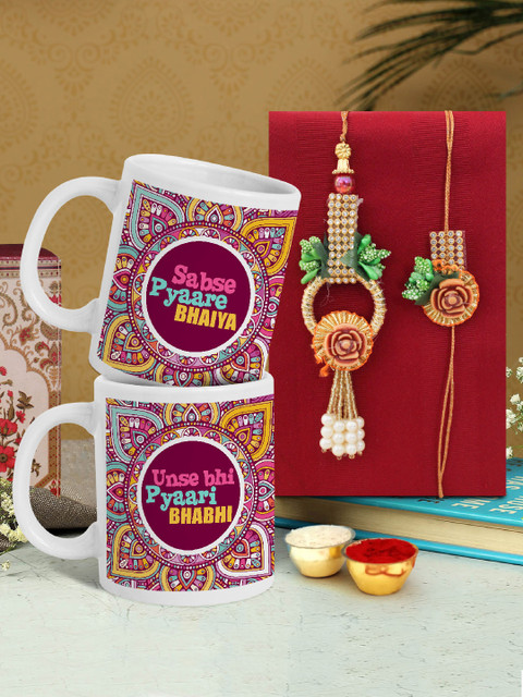 

TIED RIBBONS Multicoloured Bhaiya Bhabhi Lumba Rakhi & Printed Coffee Mug Combo Gift Pack, Multi