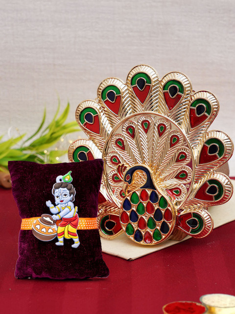 

TIED RIBBONS Boys Multicoloured Krishna Rakhi with Peacock Pooja Thali Plate Gift Pack, Multi