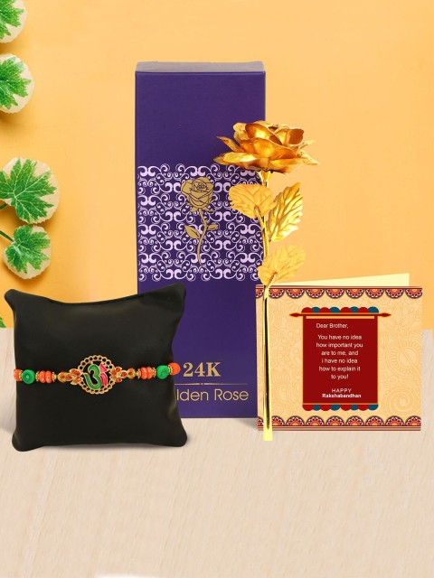 

TIED RIBBONS Multicoloured Rakhi with Golden Rose & Mini Card Combo Set, Multi