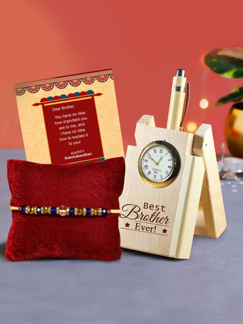 

TIED RIBBONS Multicoloured Rakhi with Wooden Penstand, Card & Roli Chawal Combo Pack, Multi
