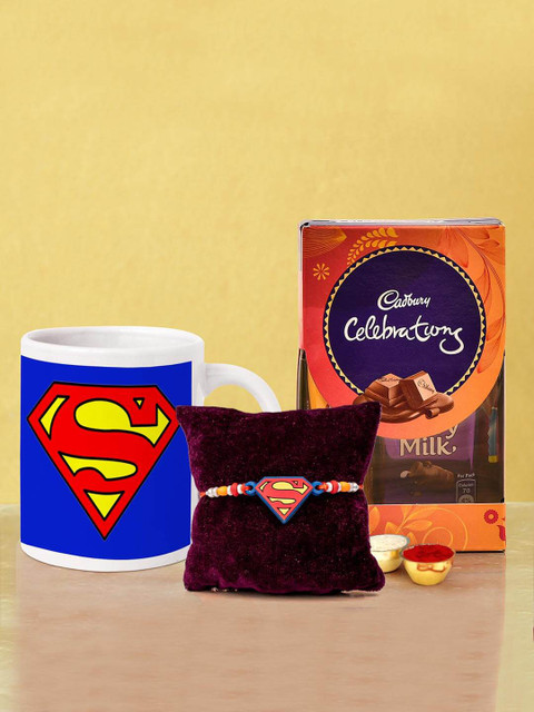 

TIED RIBBONS Superman Kids Rakhi With Cadbury Chocolates Mug & Roli Chawal Combo Gift, Multi