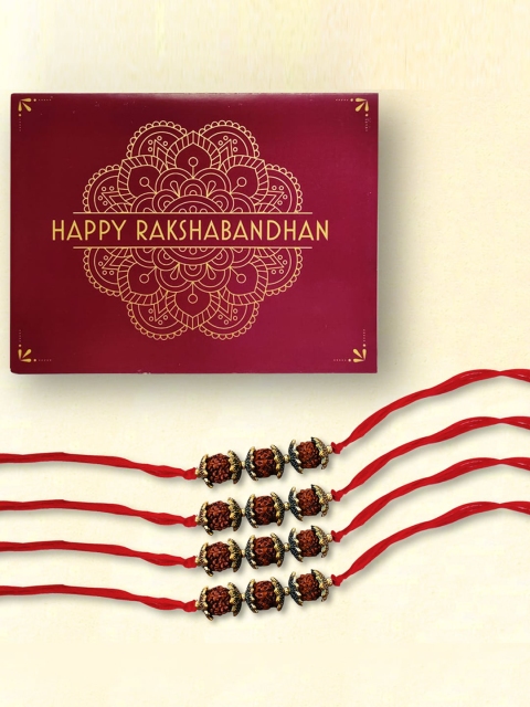 

nestroots Red & Gold-Toned Greeting Card & 4 Kalawa Rakhi Set