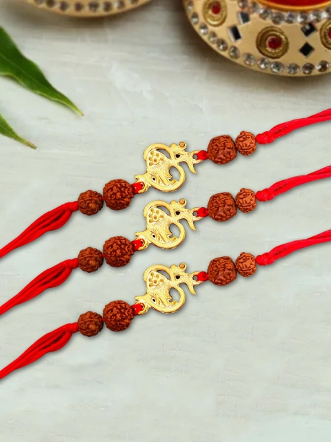 

nestroots Red & Gold-Toned Greeting Card & 3 Kalawa Rakhi Set