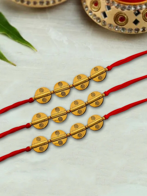 

nestroots Red & Gold-Toned Greeting Card & 3 Kalawa Rakhi Set
