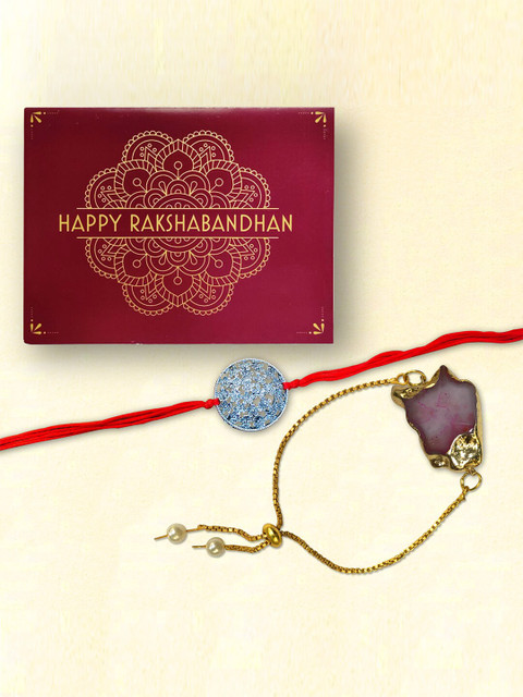

nestroots Purple & Gold-Toned Greeting Card & 2 Rakhi Set
