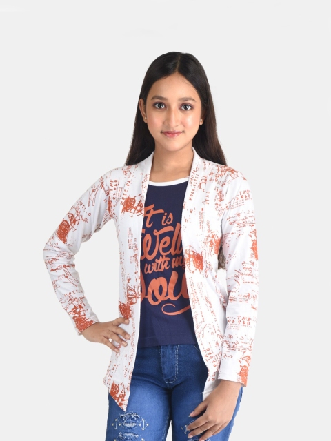 

Fabshio Girls Orange Floral Printed Extended Sleeves T-shirt