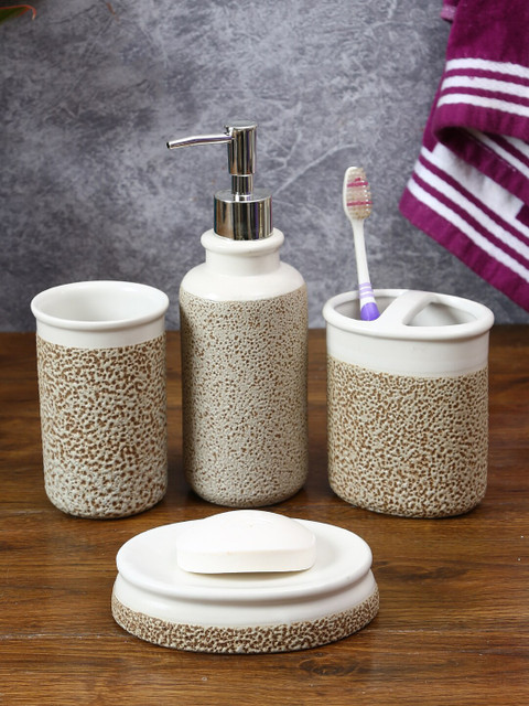 

House Of Accessories Set Of 4 White & Brown Textured Bathroom Accessories
