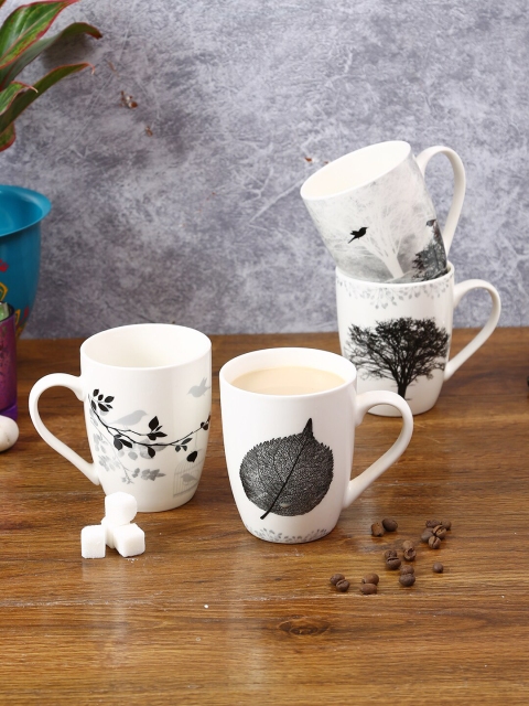 

House Of Accessories Set Of 4 White & Black Floral Printed Ceramic Glossy Mugs