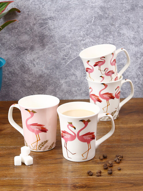 

House Of Accessories Set of 4 White & Pink Floral Printed Ceramic Glossy Mugs