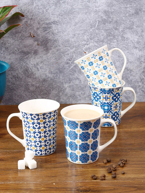 

House Of Accessories Set of 4 Blue Geometric Printed Ceramic Glossy Mugs