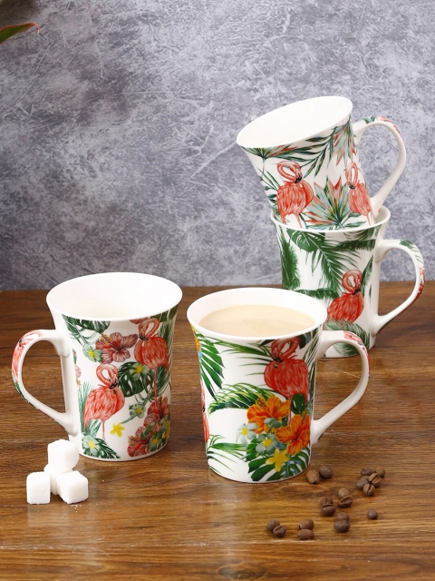 

House Of Accessories Green Pack of 4 Floral Printed Ceramic Glossy Cups