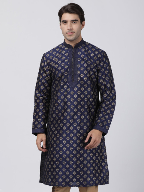 

VASTRAMAY Men Navy Blue Ethnic Motifs Thread Work Kurta