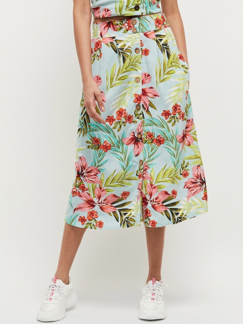 

max Women Blue & Pink Floral Printed Flared Midi Skirt
