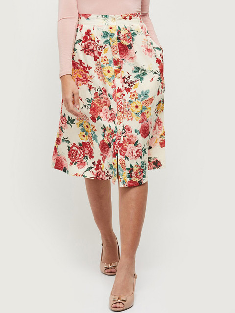 

max Women Cream & Red Floral Printed A-Line Skirt