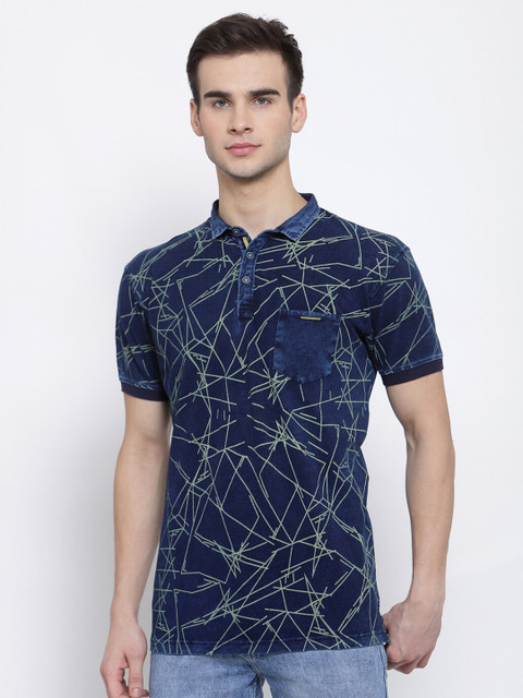 

UNICOPS Men Navy Blue Abstract Printed Polo Collar T-shirt