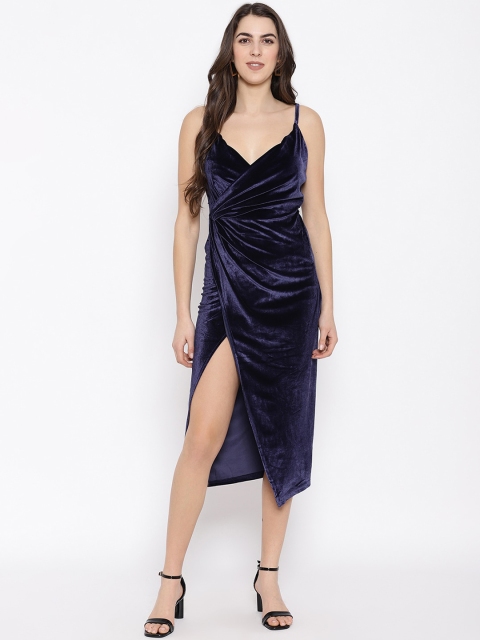 

iki chic Women Navy Blue Velvet Wrap Midi Dress with Slit