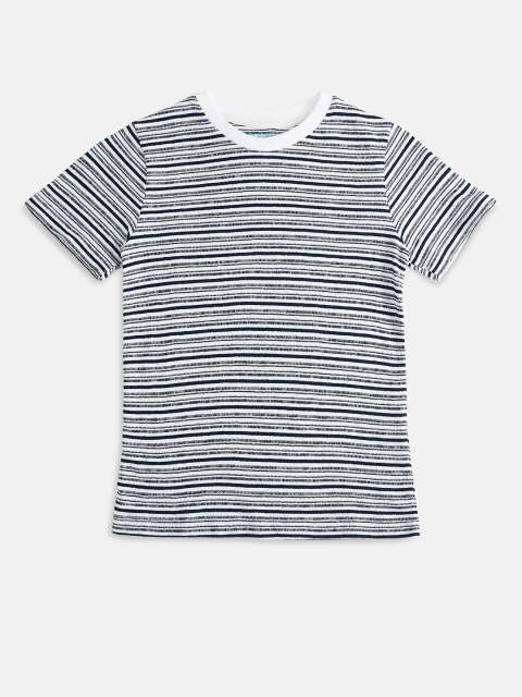 

Pantaloons Junior Boys White Navy Blue Striped Cotton Pure Cotton T-shirt