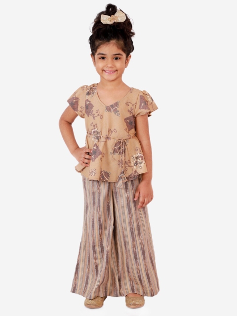 

Lil Peacock Girls Beige & Brown Floral Printed Top with Palazzos