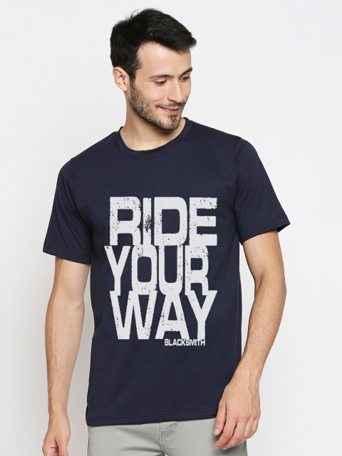 

Blacksmith Men Navy Blue & White Typography Printed T-shirt