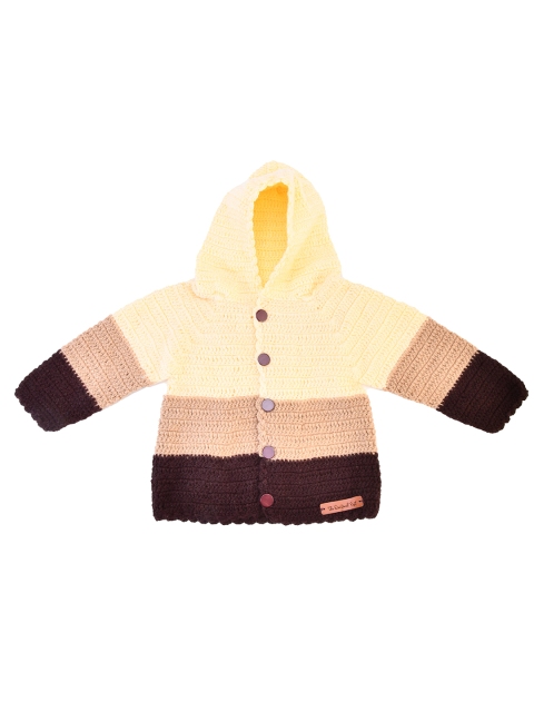 

The Original Knit Unisex Kids Yellow & Brown Colourblocked Hooded Front-Open Sweater