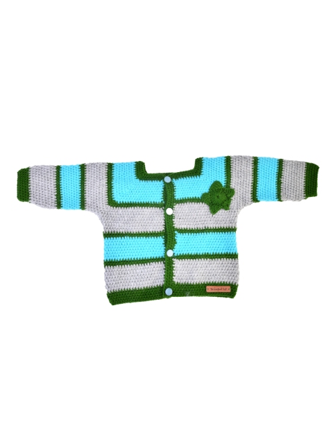 

The Original Knit Unisex Kids Blue & Green Handmade Cardigan Sweater With Applique Detail