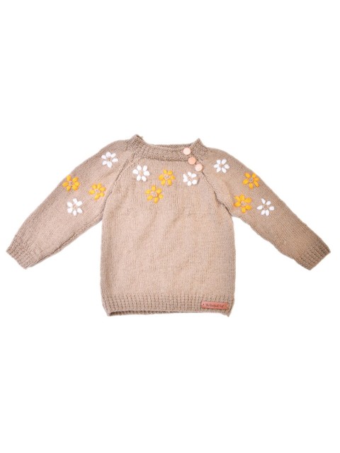 

The Original Knit Girls Beige Floral Embroidered Handmade Pullover Sweater