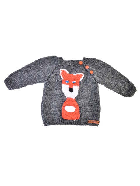 

The Original Knit Unisex Kids Grey Melange & Orange Handmade Pullover With Applique Detail