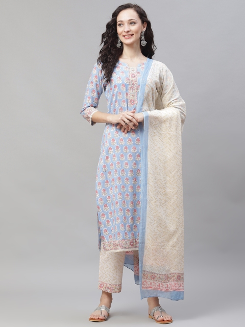 

AHIKA Women Blue Floral Printed Regular Pure Cotton Kurta with Palazzos & With Dupatta