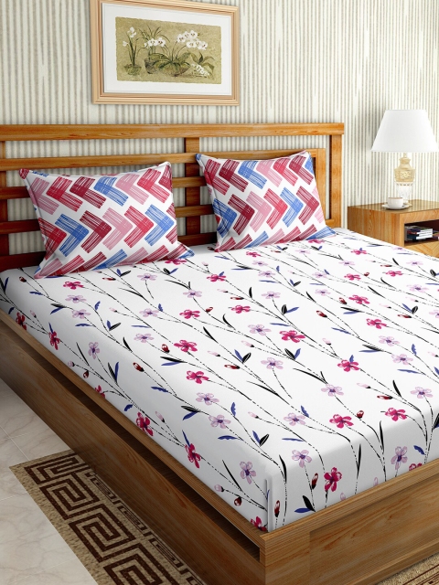 

BELLA CASA White & Pink Floral 150 TC King Bedsheet with 1 Pillow Covers