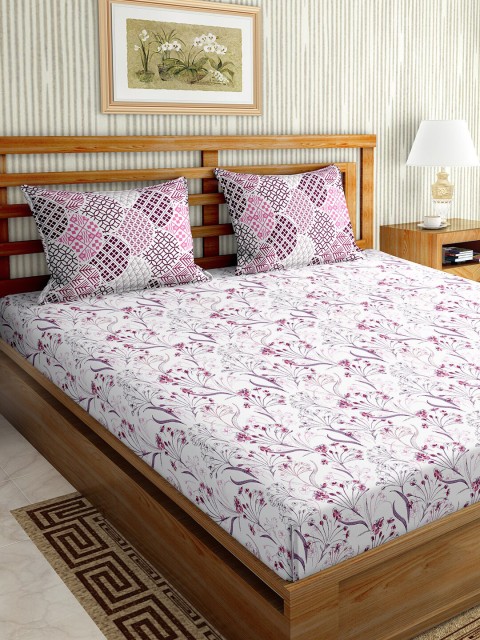 

BELLA CASA White & Purple Floral 150 TC King Bedsheet with 1 Pillow Covers