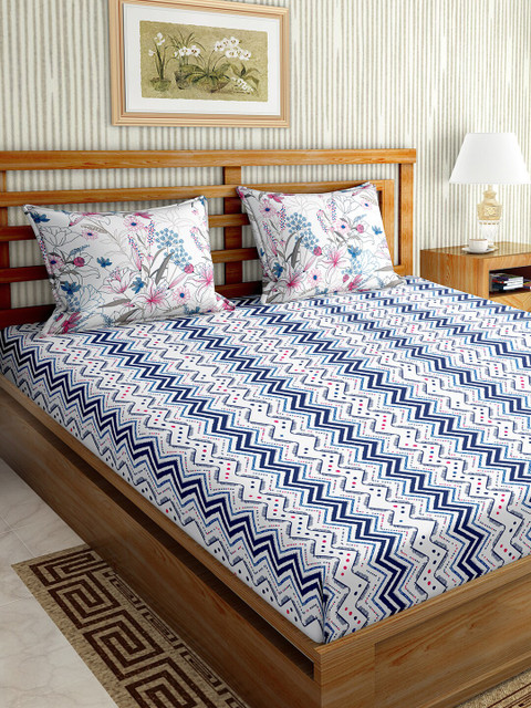 

BELLA CASA Blue Geometric 150 TC King Bedsheet with 1 Pillow Covers