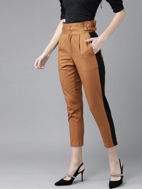

The Dry State Women Brown Solid Tapered Fit High-Rise Easy Wash Pleated Cigerette Trousers