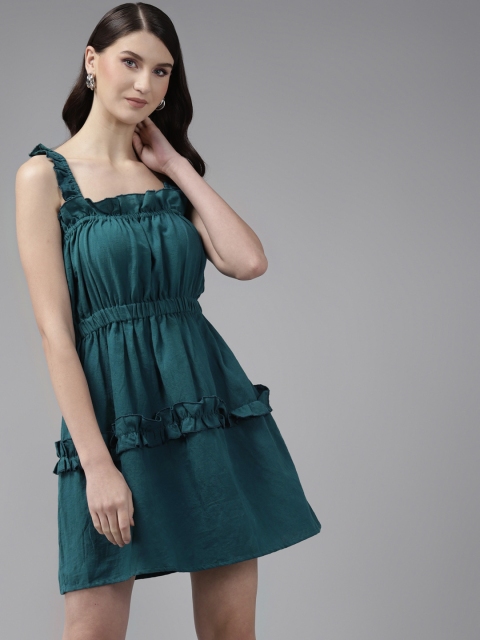 

The Dry State Teal Blue Solid Ruffled Tiered Fit & Flare Dress