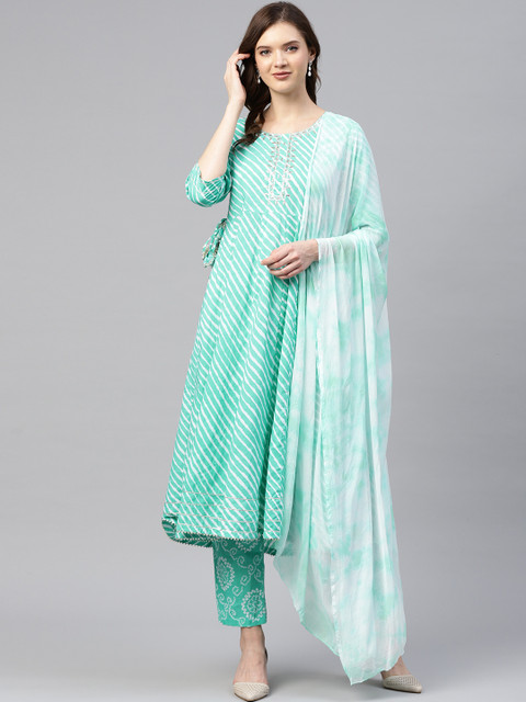

Readiprint Fashions Women Green Cotton Leheriya Print Empire Kurta with Trousers & Dupatta