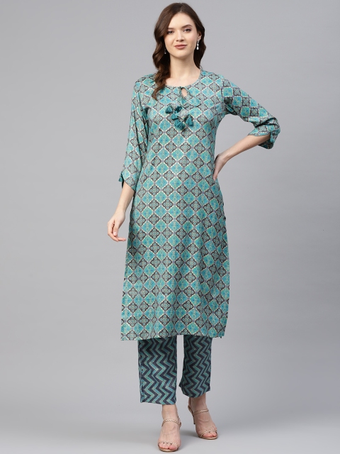 

Readiprint Fashions Women Blue & Golden Ikat Geometric Print Kurta with Trousers
