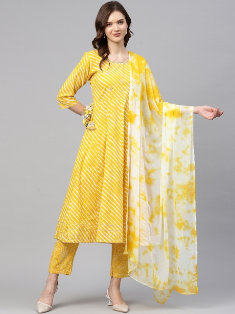 

Readiprint Fashions Women Yellow Leheriya Printed Empire Gotta Patti Kurta with Trousers & With Dupatta