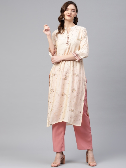 

Readiprint Fashions Women Beige & Olive Green Floral Foil Printed Straight Kurta
