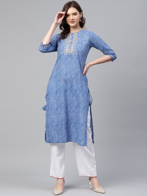 

Readiprint Fashions Women Blue & White Leheriya Print Cotton Kurta with Embroidered Detail